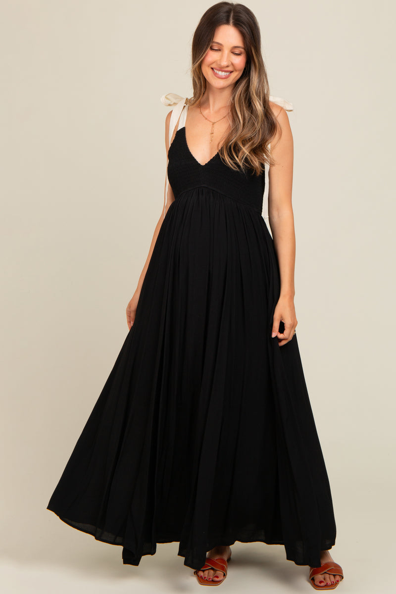 Pink Striped Knit Shoulder Tie Maternity Maxi Dress main image 1