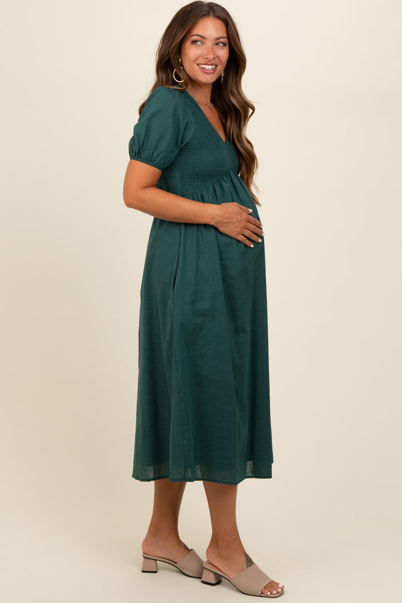 Purple Tropical Smocked Puff Sleeve Maternity Midi Dress