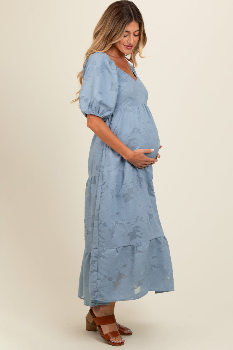 Blue Floral Textured Tiered Midi Maternity Dress – PinkBlush