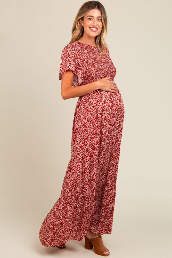 Gray Smocked Flutter Sleeve Maternity Midi Dress