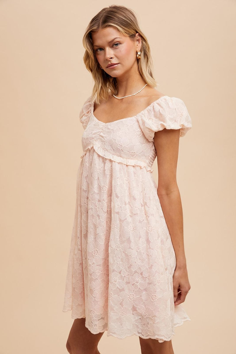 Light Pink Floral Lace Embroidered Puff Sleeve Dress – PinkBlush