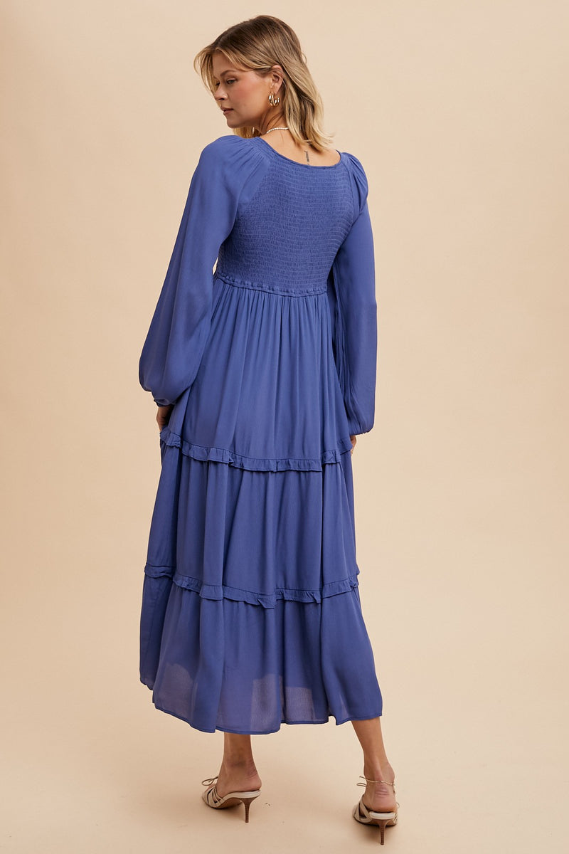 Blue Diamond Print Smocked Midi Dress main image 0