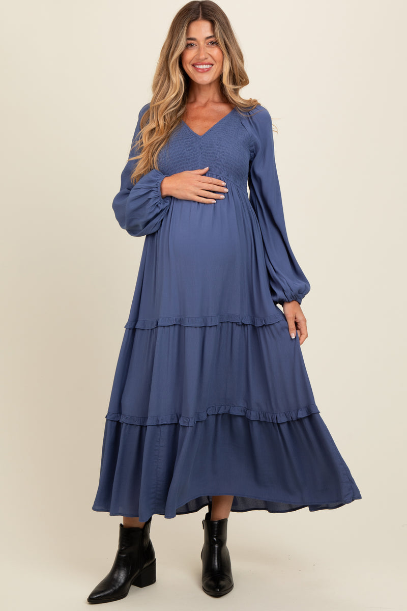 Blue Gingham Smocked Shoulder Tie Maternity Midi Dress main image 0