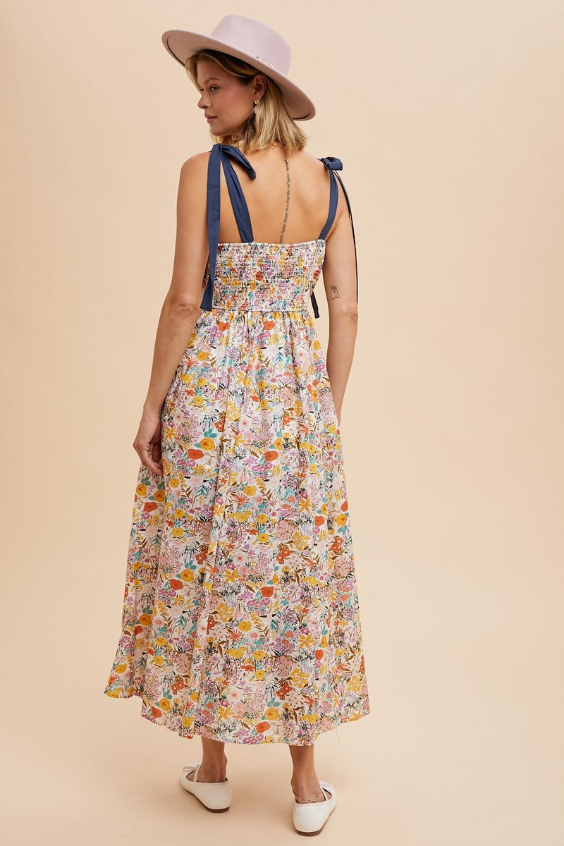 Pastel Symphony Maxi Dress in Navy with Blush Floral