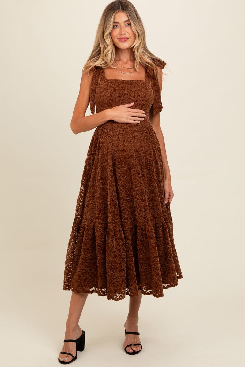 Brown Lace Shoulder Tie Ruffle Hem Maternity Midi Dress – PinkBlush