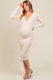 Cream Ribbed Fitted Button Long Sleeve Maternity Dress