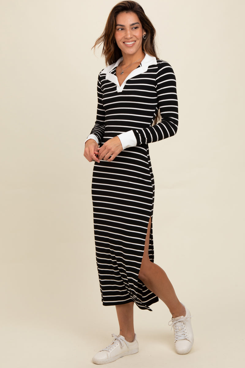 Black Striped Collared Long Sleeve Midi Dress – PinkBlush