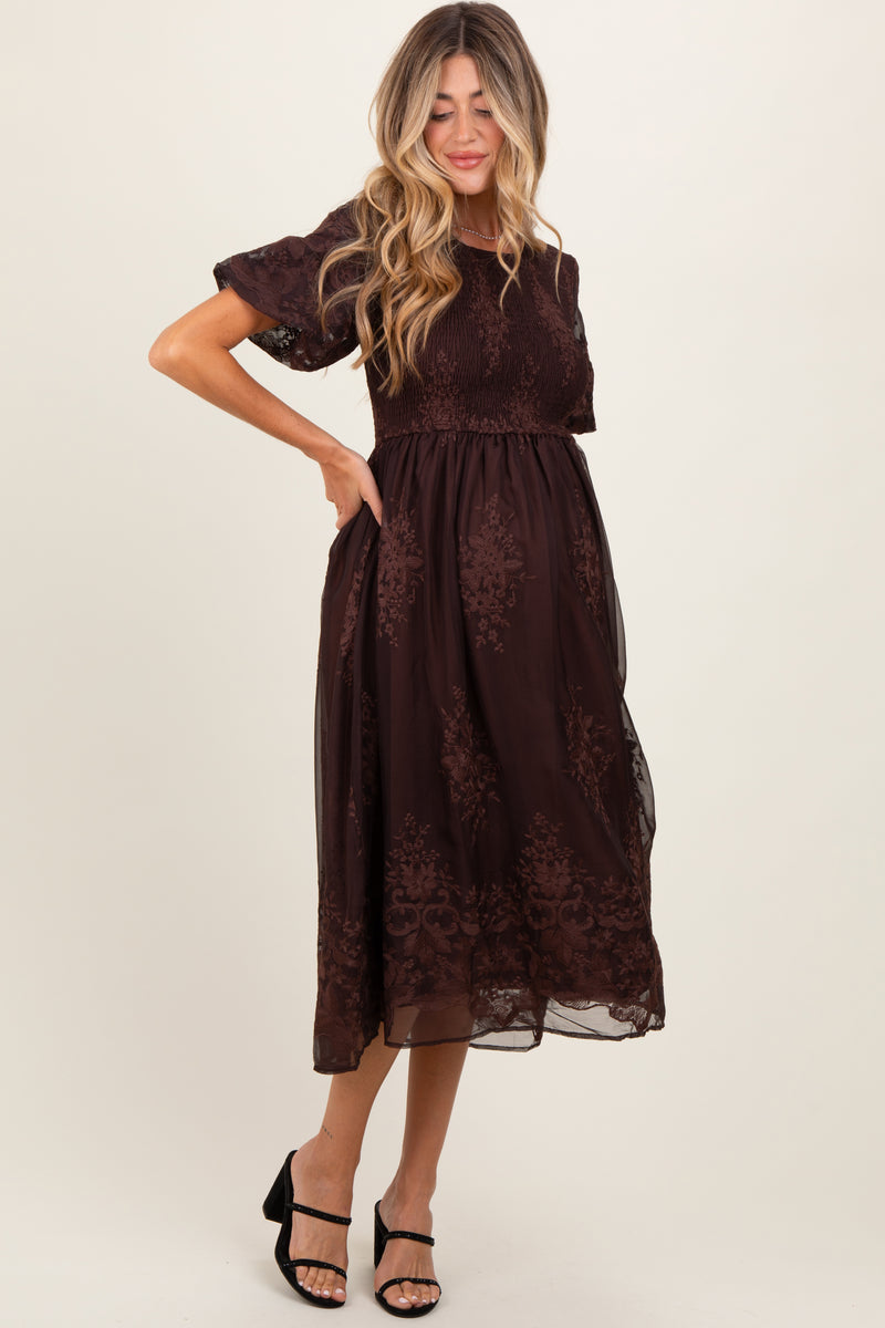 Brown Frilly Smocked Bodice Floral Mesh Long Sleeve Mini Dress