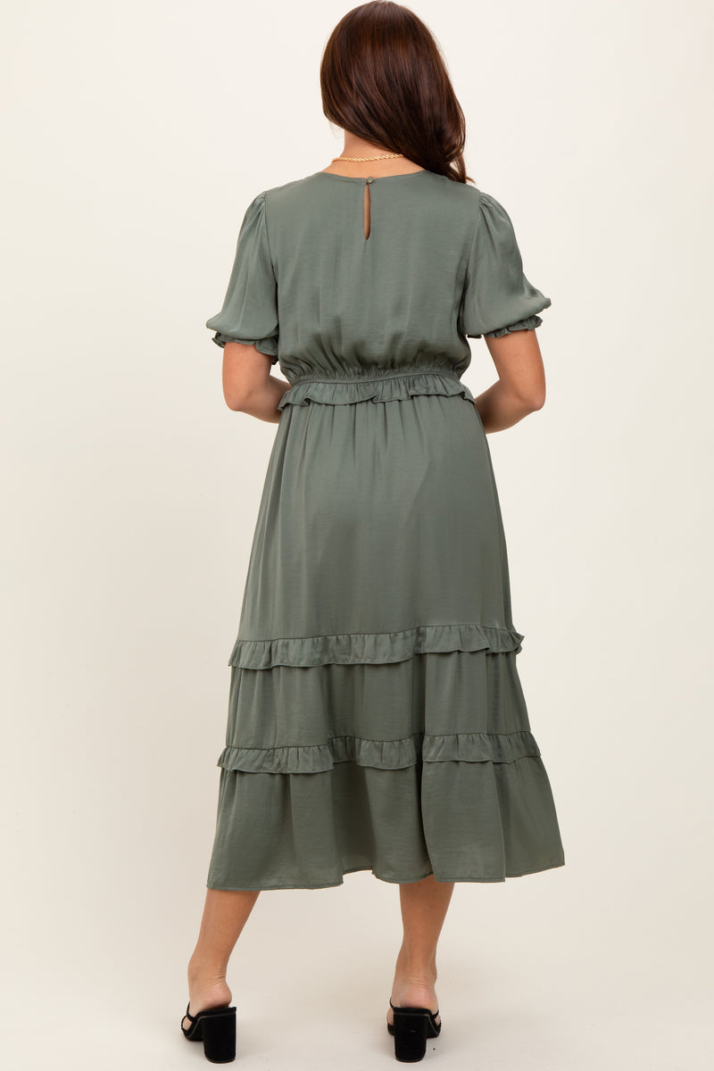 Olive Satin Ruffle Trim Midi Dress PinkBlush