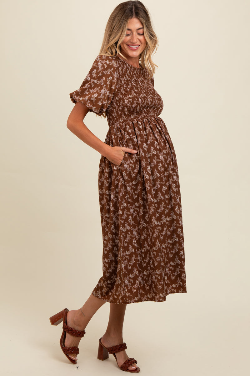 Brown Floral Smocked Maternity Midi Dress – PinkBlush