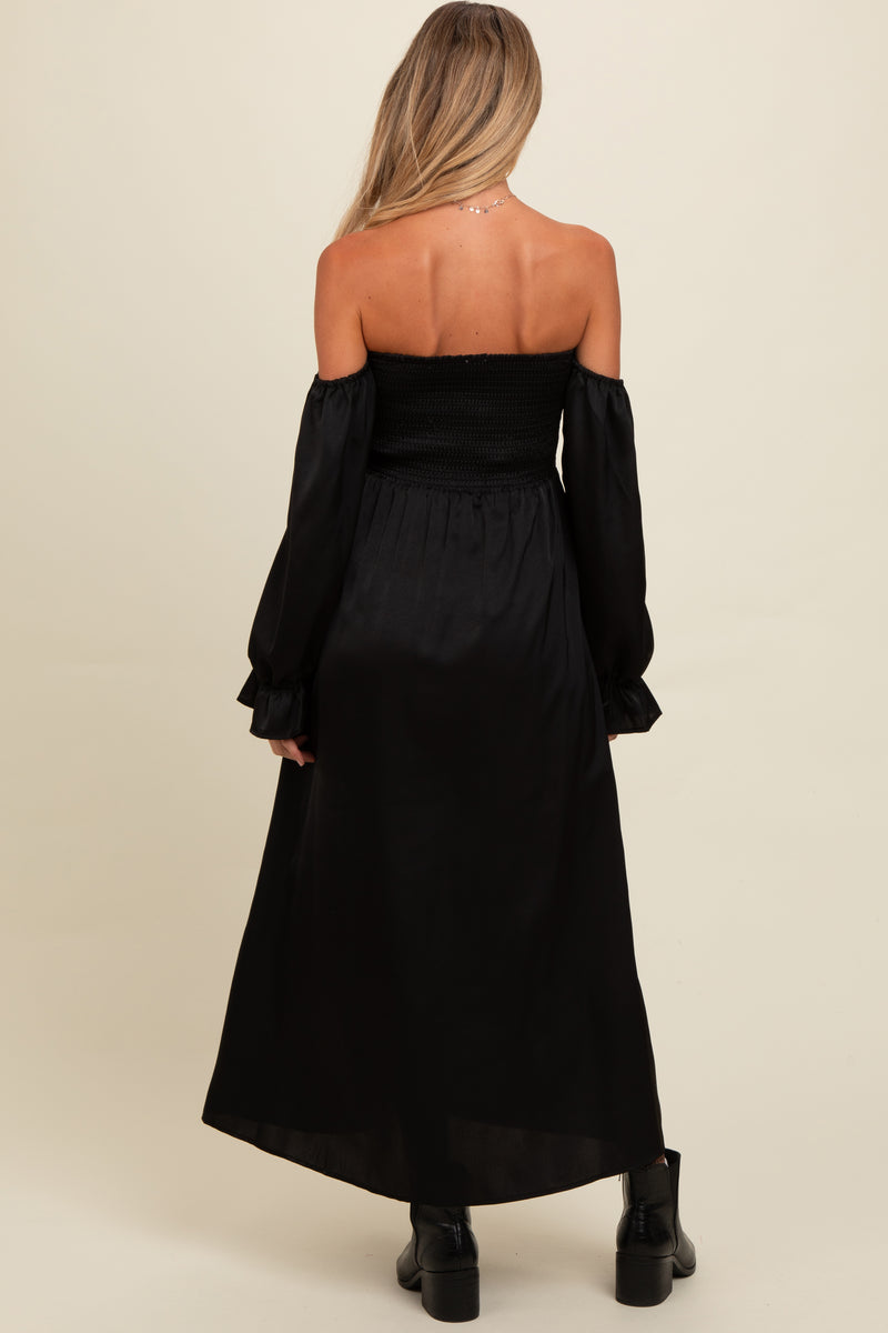Black Off Shoulder Foldover Ruched Maternity Maxi Dress main image 1