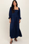 Navy Off Shoulder Satin Pleated Bodice Maxi Dress
