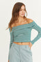 Green Striped Knit Off-The-Shoulder Crop Top