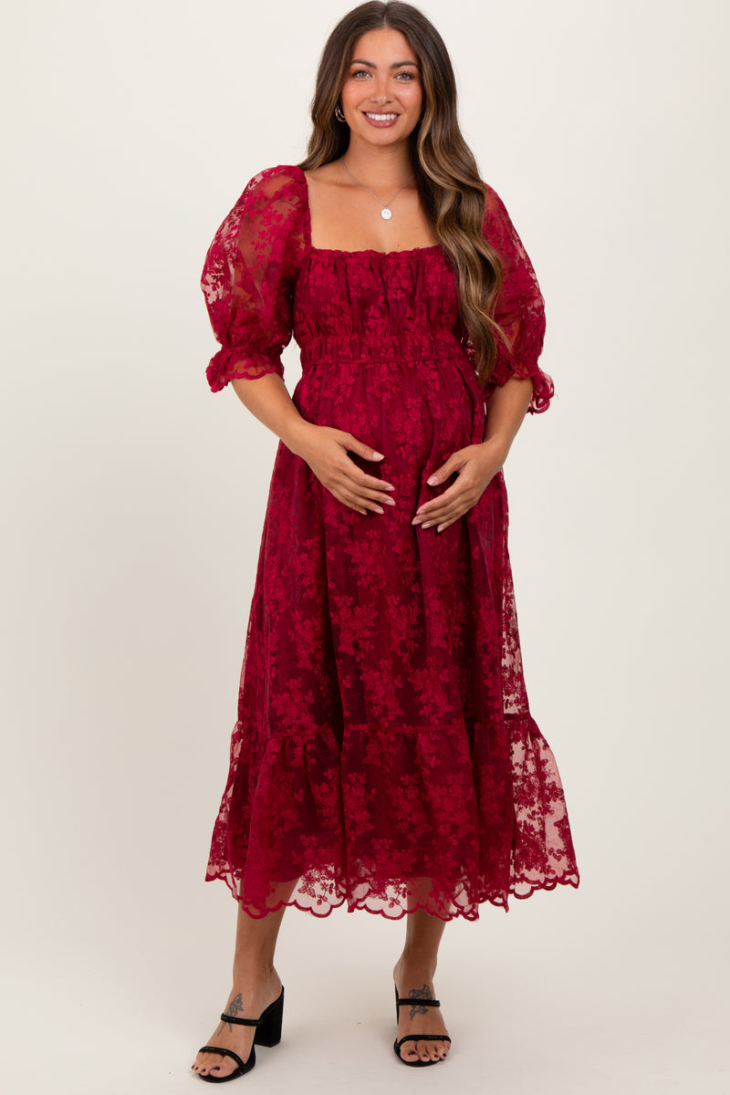 Burgundy Floral Mesh Lace Overlay Maternity Maxi Dress – PinkBlush