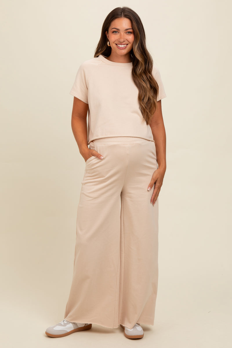 Beige Basic Tee And Wide Leg Pant Maternity Set PinkBlush