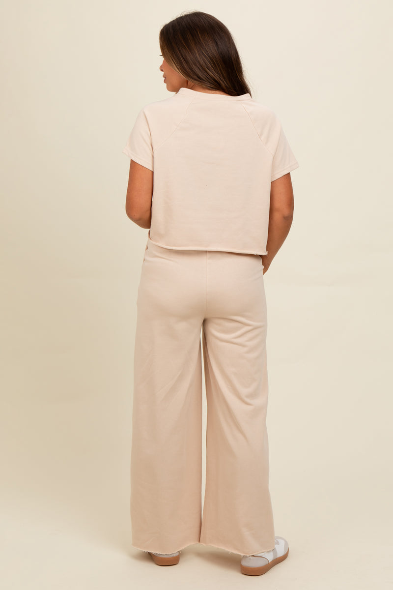Beige Basic Tee And Wide Leg Pant Maternity Set  PinkBlush