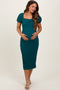 Forest Green Textured Square Neck Puff Sleeve Maternity Midi Dress