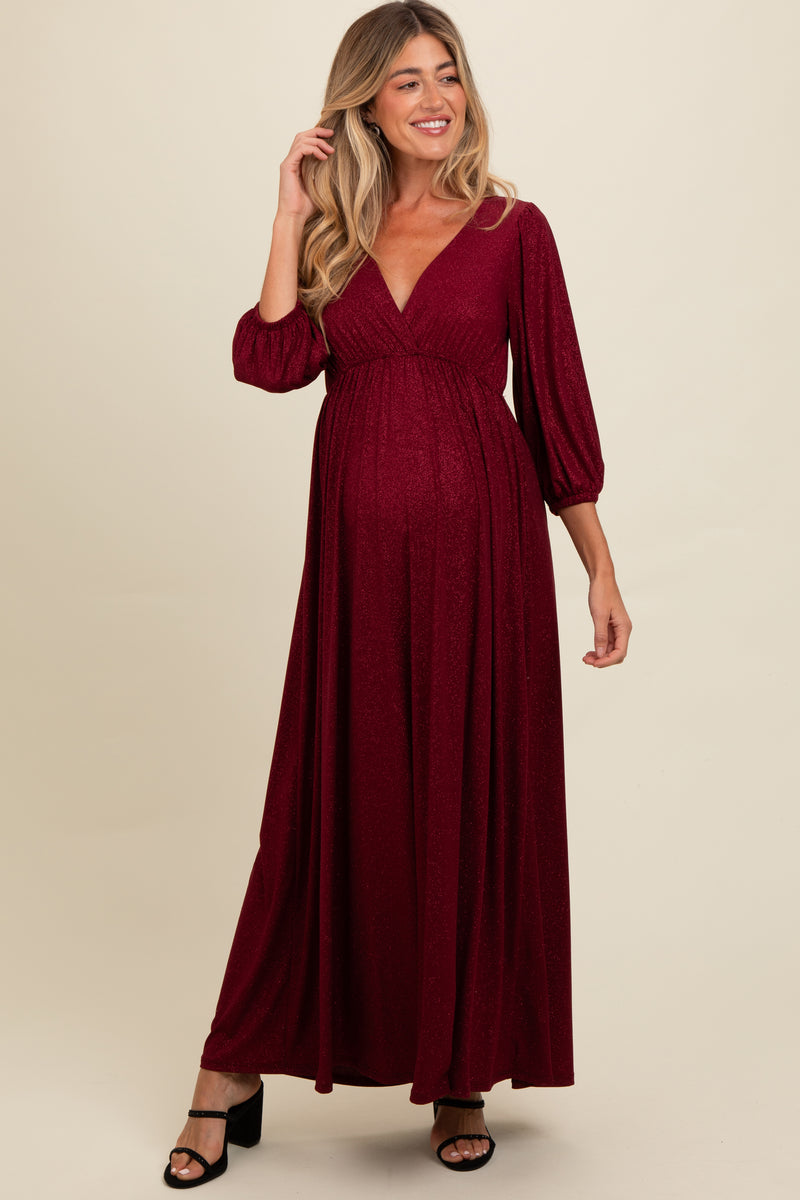 Outline | Burgundy High-Neck Maternity Maxi Dress With Draped Skirt main image 0