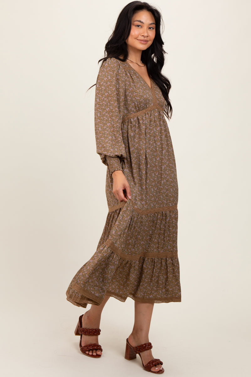 Floral Bubble Sleeve Shirred High Waist Maxi Dress