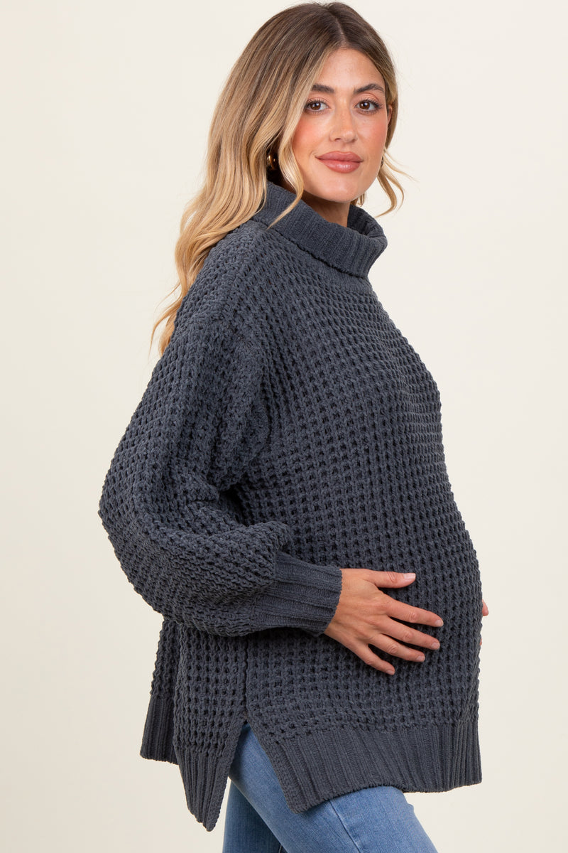Brown Waffle Knit Side Slit Maternity Sweater