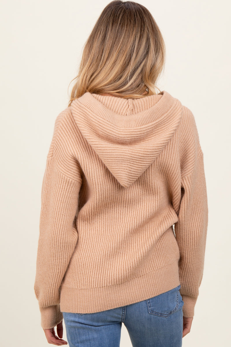 Babyhug Knitted Full Sleeves Fur Lined Hooded Front Open Sweater With Cable Knit Design - Beige main image 1