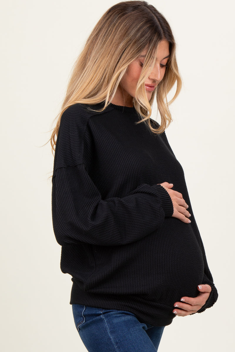 Black Ribbed Hooded Wrap Long Sleeve Maternity Top