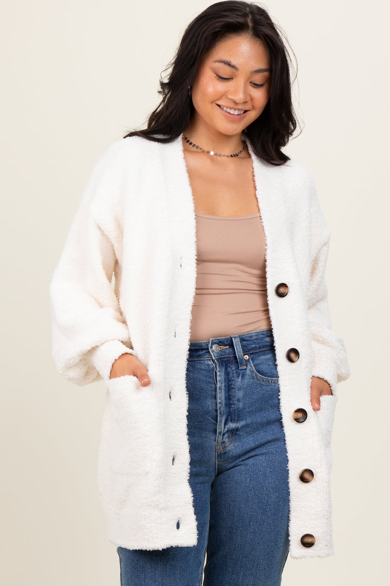 Striped Fuzzy Knit Button-Up Cardigan