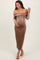 woman wearing a ribbed off-the-shoulder maternity dress in beige, showcasing her baby bump