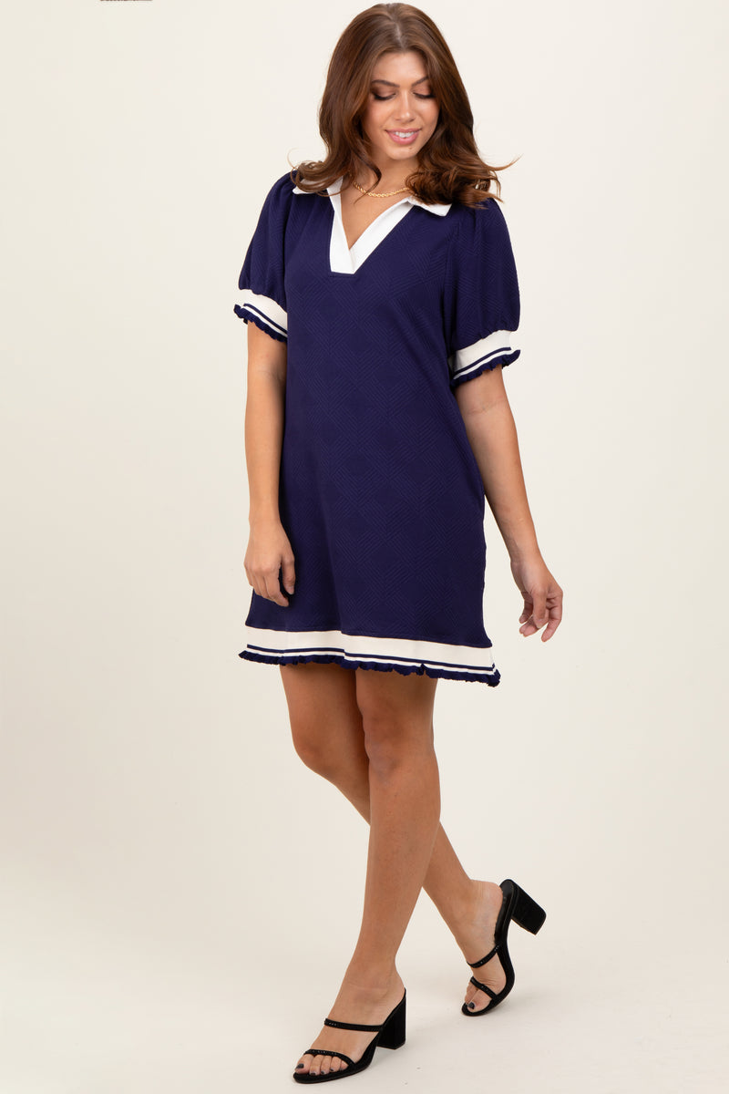 Contrast Trim Collar Long Sleeve Mini Dress
