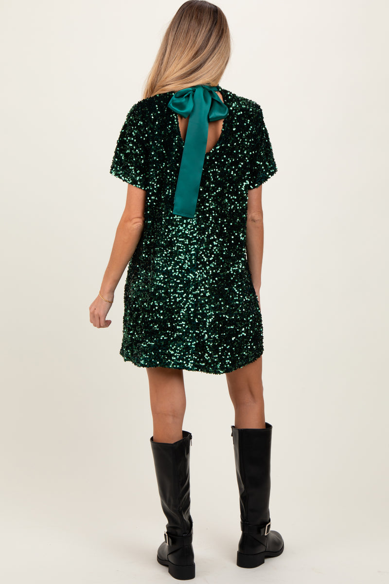 Forest Green Sequin Mock Neck Tie Back Maternity Dress  PinkBlush