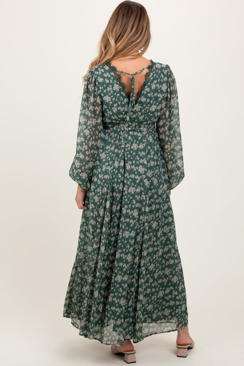 GREEN FLORAL DOUBLE SHADE | ZIPLESS MATERNITY MAXI-PUFF SLEEVES | FULL LENGTH MAXI main image 1