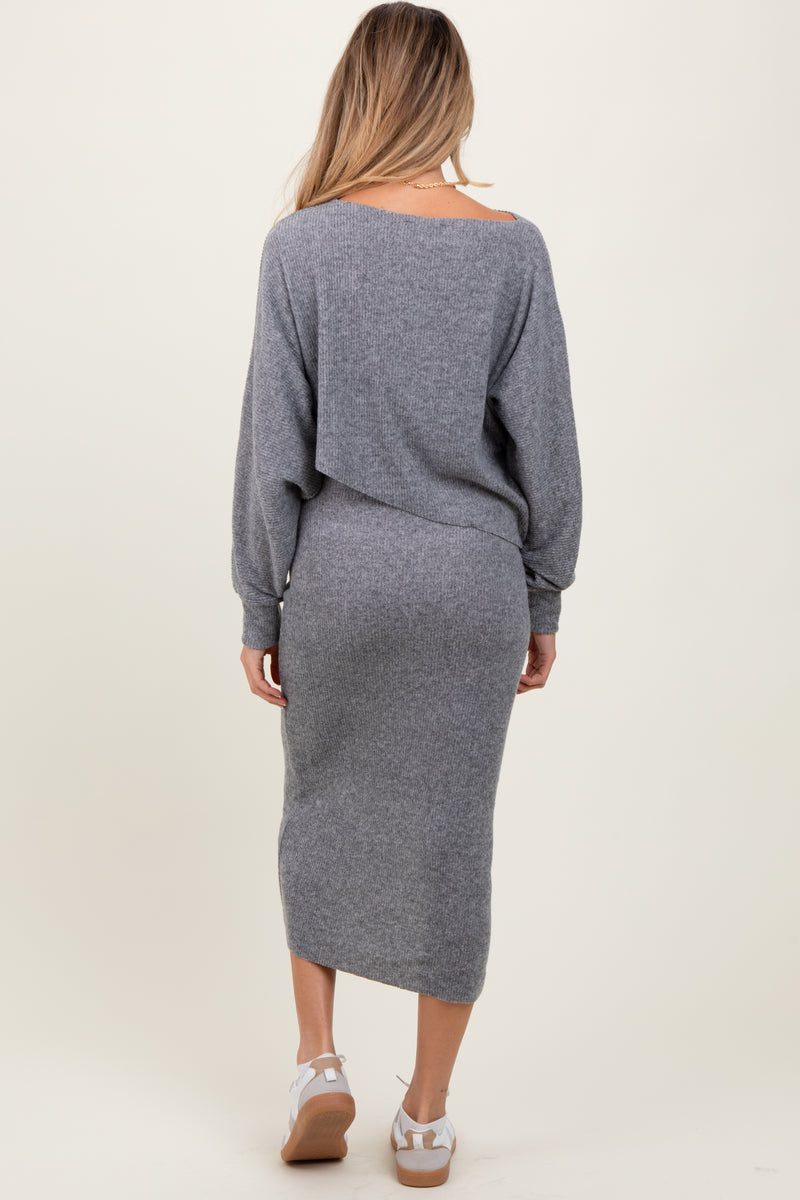 Heather Grey Striped Knit Long Sleeve Maternity Midi Sweater Dress main image 0