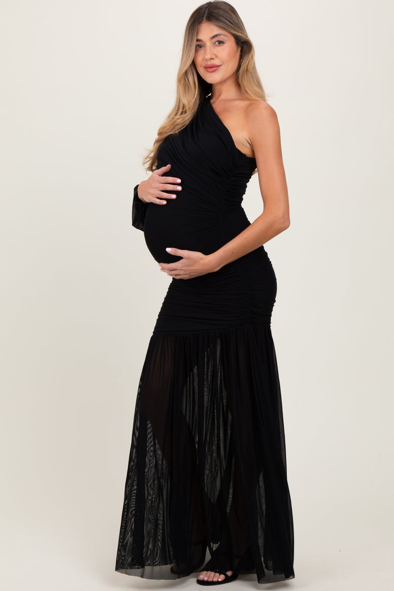 Light Blue Ruched Mesh One Shoulder Maternity Maxi Dress