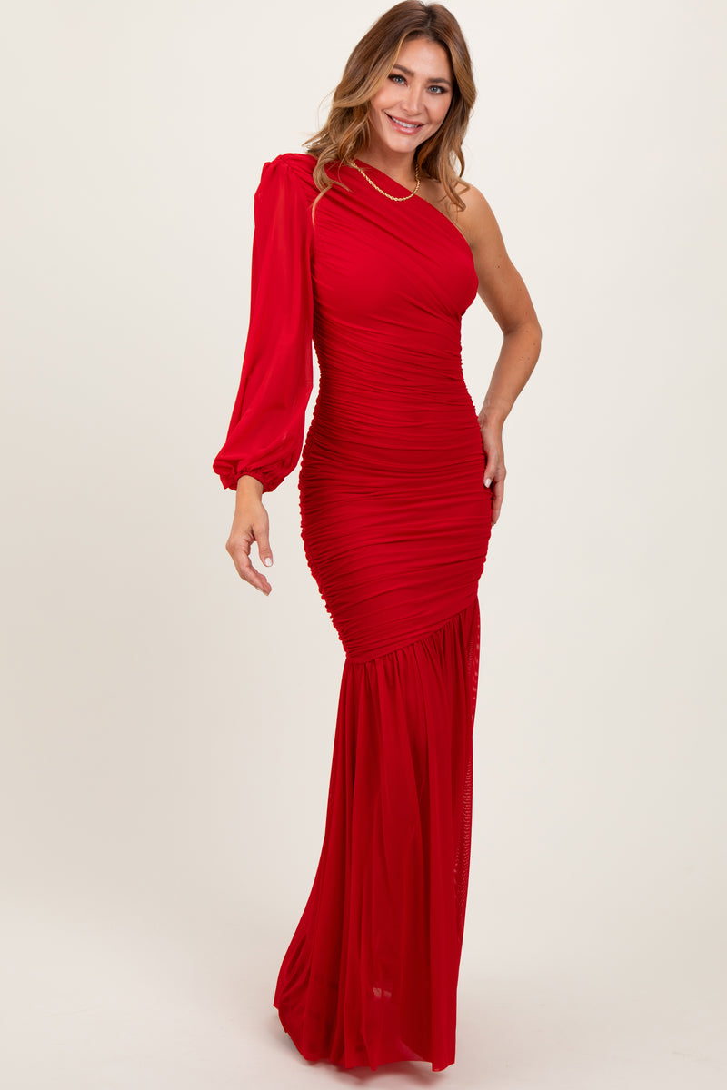 Asymmetrical Maxi Dress with Rosette Detail and Side Slit - Red Backless Ruched Asymmetrical Slit Maxi Dress Asymmetrical Maxi Dress with Rosette Detail and Side Slit - Red Backless Ruched Asymmetrical Slit Maxi Dress