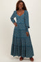 Teal Floral Button Accent Bodice Tiered Maxi Dress