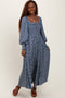 Blue Damask Print Smocked Ruffle Accent Maxi Dress