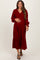 Burgundy Velvet Button Accent Smocked Sleeve Maternity Midi Dress