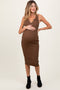 Brown Ribbed Fitted Sleeveless Snap Button Maternity Dress
