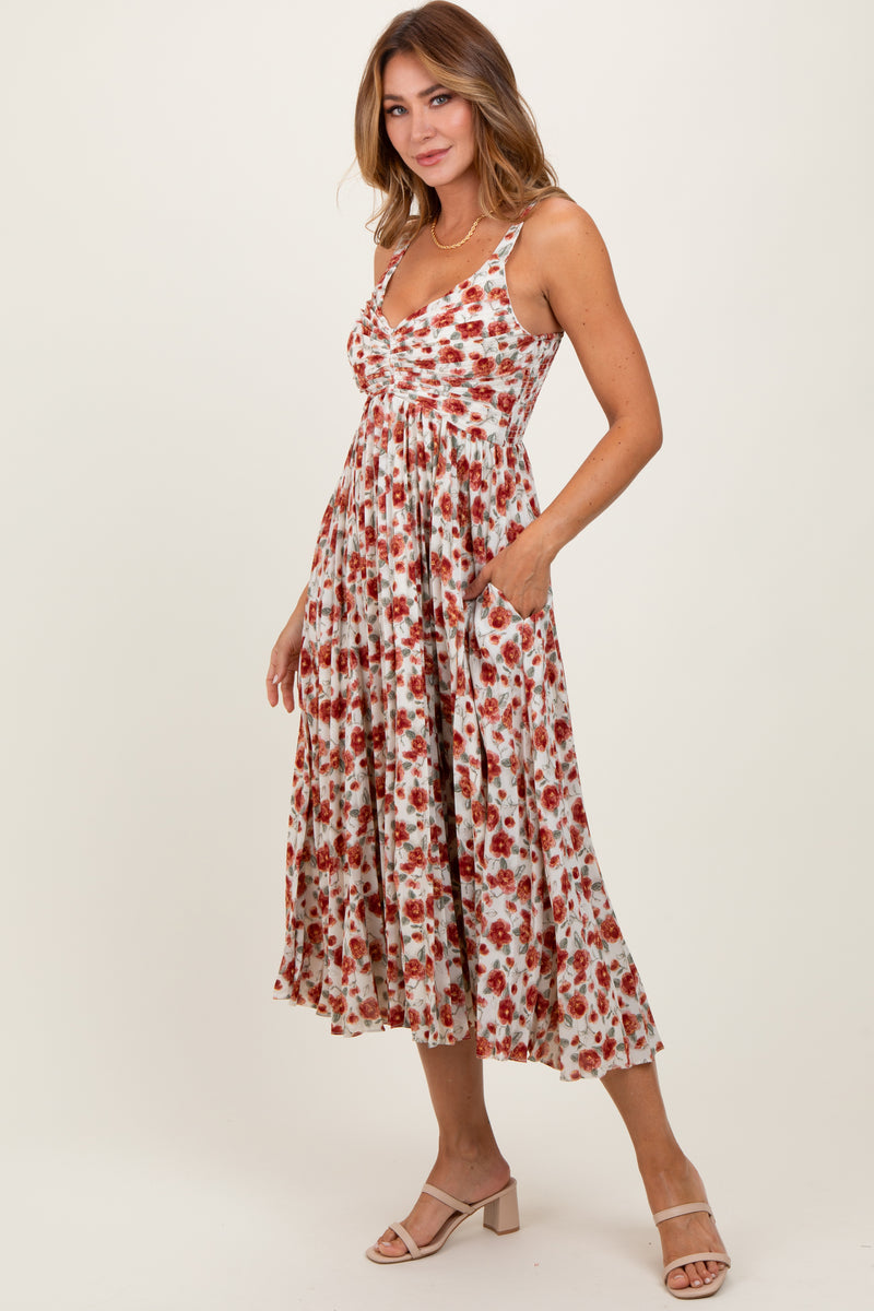 Red Pleated Sash Tie Midi Dress main image 0