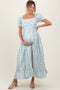 Light Blue Floral Puff Sleeve Lace Trim Maternity Maxi Dress