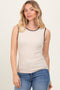 Cream Ribbed Contrast Embroidered Sleeveless Top