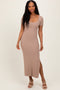 Mocha Ribbed Knit Back Tie Side Slit Midi Dress