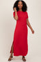 Red Basic Side Slit Short Sleeve Midi Dress