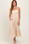 Beige Floral Embroidery Back Ribbon Midi Dress