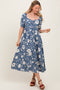 Light Navy Floral Sweetheart Neckline Midi Dress