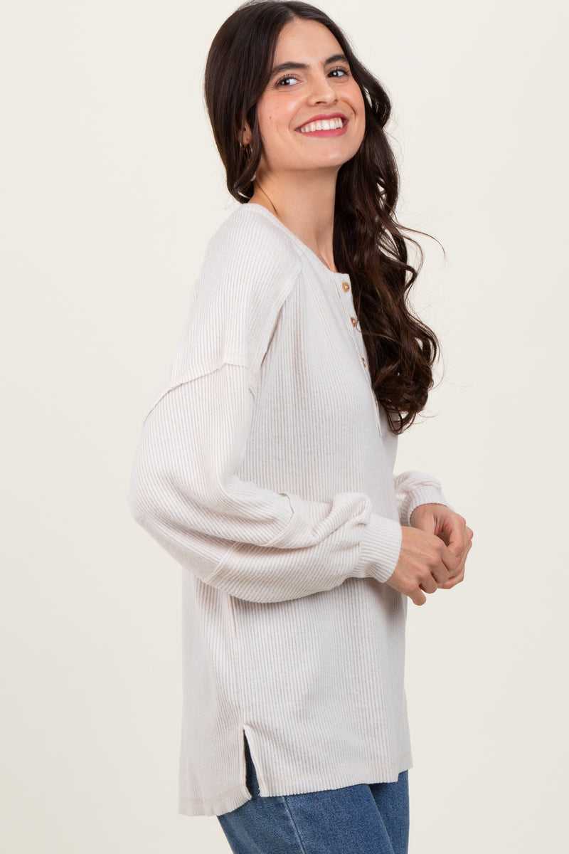 Contrast Ribbed Trim Lantern Sleeve Henley Sweater