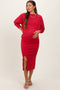 Red Ribbed Knit Asymmetric Top Midi Skirt Maternity Set