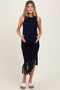 Navy Ribbed Knit Fringe Asymmetrical Hem Maternity Dress