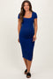 Royal Blue Ribbed Short Sleeve Side Slit Maternity Midi Dress