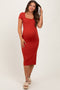 Orange Ribbed Short Sleeve Side Slit Maternity Midi Dress